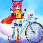  animal_ear_fluff animal_ears bangs bicycle bike_shorts blue_eyes blush borrowed_character commentary_request compression_sleeve eyebrows_visible_through_hair fox_ears fox_tail full_body gloves ground_vehicle hair_over_eyes highres long_hair looking_at_viewer miniskirt original outdoors red_hair road road_bicycle shorts skirt sky smile solo standing tail thighhighs tsukiyono_aroe v white_legwear windbreaker zettai_ryouiki 