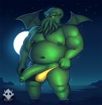  barazoku belly biceps cephalopod clothing cthulhu cthulhu_mythos eldritch_horror elfein h.p._lovecraft humanoid_penis looking_at_viewer male marine musclegut navel night nipples pecs penis solo speedo swimsuit yellow_eyes 