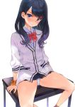  3: arm_support bangs bare_legs black_hair black_skirt blue_eyes blush bow bowtie cardigan closed_mouth commentary_request desk eyebrows_visible_through_hair feet_out_of_frame head_tilt highres jacket long_hair long_sleeves looking_at_viewer microskirt mirei on_desk orange_scrunchie panties pantyshot pantyshot_(sitting) pleated_skirt purple_legwear red_bow red_neckwear school_desk scrunchie shirt simple_background sitting skirt socks solo spread_legs ssss.gridman table takarada_rikka thighs underwear white_background white_jacket white_panties white_shirt wrist_scrunchie 