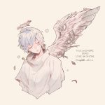  barcode_tattoo closed_eyes halo mafumafu male_focus momoiro_oji niconico open_mouth parted_lips simple_background solo tattoo twitter_username upper_body white_hair wings 