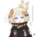  1girl abigail_williams_(fate/grand_order) bangs black_bow black_jacket blonde_hair blue_eyes blush bow colored_eyelashes crossed_bandaids eyebrows_visible_through_hair fate/grand_order fate_(series) hair_bow hair_bun heroic_spirit_traveling_outfit jacket key leaning_to_the_side long_hair long_sleeves looking_at_viewer neon-tetora object_hug open_mouth orange_bow parted_bangs simple_background sleeves_past_fingers sleeves_past_wrists solo star stuffed_animal stuffed_toy teddy_bear trembling upper_body upper_teeth white_background 