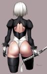  artist_name ass backless_dress backless_outfit black_gloves black_legwear dress from_behind gloves katana multicolored multicolored_clothes multicolored_gloves nier_(series) nier_automata onomeshin short_hair signature silver_hair skindentation solo sword thighhighs weapon white_gloves white_legwear yorha_no._2_type_b 