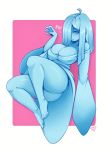  abstract_background barefoot big_breasts blue_hair blue_skin border bottomless breasts cleavage clothed clothing convient_censorship dialogue english_text female floating ghost hair hair_over_eye humanoid long_hair looking_at_viewer mila_(spikedmauler) oversized_shirt partially_clothed secretly_saucy solo spirit text thick_thighs wide_hips 