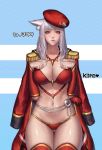  absurdres animal_ears artist_name ass_visible_through_thighs bangs beret bikini blunt_bangs breasts closed_mouth commentary_request commission detached_sleeves dungeon_and_fighter epaulettes hands_on_own_breasts hat highres jacket_on_shoulders kimdonga korean large_breasts light_smile lips long_hair looking_at_viewer navel nose red_bikini red_eyes solo swimsuit tgurneu thighs very_long_hair white_hair 