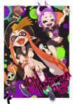  2girls boots domino_mask english fake_horns fangs halloween halloween_costume hat highres hirakata_masahiro hockey_mask horns inkling jiangshi_costume mask multiple_boys multiple_girls octoling orange_hair pink_eyes pointy_ears purple_hair splatoon_(series) splatoon_2 tentacle_hair 