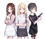  :d bangs black_dress black_hair black_skirt blonde_hair braid brown_hair collarbone commission cowboy_shot crown_braid dress eyebrows_visible_through_hair green_eyes grey_eyes gun holding holding_gun holding_weapon long_hair looking_at_viewer miniskirt multiple_girls open_mouth original parted_bangs pencil_skirt pinafore_dress pink_shirt print_dress roang shiny shiny_hair shirt short_dress short_hair skirt smile standing thigh_strap very_long_hair watch weapon white_background white_dress white_shirt wristwatch 