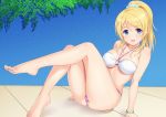  :d absurdres arm_support ayase_eli bangs banned_artist bare_arms bare_legs bare_shoulders barefoot bikini blonde_hair blue_background blue_eyes blue_nails blue_scrunchie blush bracelet breasts eyebrows_visible_through_hair feet hair_between_eyes hair_ornament hair_scrunchie high_ponytail highres jewelry leg_up legs long_hair love_live! love_live!_school_idol_project medium_breasts n.g. nail_polish open_mouth ponytail scrunchie sitting smile solo source_request striped_bikini_bottom swimsuit toenail_polish toenails toes white_bikini_top 