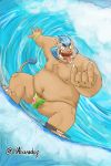  2018 anthro balls belly boar brown_fur bulge clothing elalvaradog fur gouryou humanoid_hands male mammal mohawk moobs navel nipples overweight overweight_male penis porcine solo surfing swimsuit tokyo_afterschool_summoners tusks water 