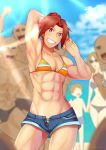  4boys abs absurdres bikini bikini_top blue_shorts breasts denim denim_shorts grin haruka_(yakitoritabetai) highres looking_at_viewer midriff multiple_boys multiple_girls muscle muscular_female open_clothes open_fly open_shorts original red_eyes red_hair short_shorts shorts smile solo_focus stomach swimsuit unbuttoned 