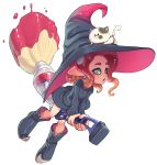  boots broom broom_riding cat commentary dress flying full_body green_eyes hat highres inkbrush_(splatoon) kojajji-kun_(splatoon) long_sleeves octarian octoling open_mouth pointy_ears red_hair rno71 simple_background solo splatoon_(series) splatoon_2 tentacle_hair white_background witch witch_hat 