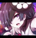  armpits bad_id bad_twitter_id bangs bare_shoulders black_hair dutch_angle fate/grand_order fate_(series) fishnets hair_over_one_eye hand_up kuji-in letterboxed long_hair looking_at_viewer mochizuki_chiyome_(fate/grand_order) open_mouth purple_eyes sidelocks solo wada_kazu 