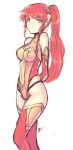  arm_behind_back bangs breasts cat_with_a_brush cleavage detached_sleeves green_eyes groin hair_ornament highleg highleg_leotard leotard long_hair long_sleeves medium_breasts parted_lips ponytail pyrrha_nikos red_hair red_legwear red_sleeves rwby see-through shiny shiny_hair simple_background sketch solo standing swept_bangs thighhighs very_long_hair white_background 