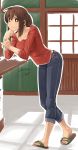 artist_name belt blush breasts brown_eyes brown_hair chin_rest collarbone counter dated denim full_body highres jeans kanji_(white7night) looking_at_viewer medium_breasts original pants ponytail sandals shirt short_hair signature smile solo standing 