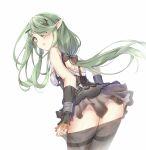  adjusting_clothes adjusting_legwear arm_warmers ass back bangs black_bow black_dress black_footwear black_legwear blush bow commentary_request dress floating_hair from_behind girls_frontline green_eyes hair_bow hair_ornament hair_over_one_eye hairclip heterochromia highres long_hair looking_at_viewer open_mouth pantyhose pointy_ears ponytail sidelocks simple_background solo tac-50_(girls_frontline) thighband_pantyhose white_background xin_(zinc) yellow_eyes 