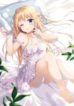  absurdres barefoot bed blonde_hair blue_eyes blush dress hair_ribbon highres long_hair lying on_back on_bed one_eye_closed one_side_up original pillow ribbon siooooono solo white_dress 