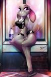  2018 anthro bottle breasts clothing disney female fur grey_fur judy_hopps lagomorph looking_at_viewer mammal navel purple_eyes rabbit shirt shorts sitting smile spirale sweat tank_top teeth thick_thighs wide_hips window zootopia 