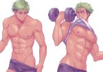  abs adonis_belt chest dark_skin dark_skinned_male ear_piercing green_hair king_of_prism_by_prettyrhythm male_focus mouth_hold multicolored_hair navel nipples piercing pretty_rhythm purple_eyes shirt_lift simple_background solo toroi_(run01211) two-tone_hair weightlifting white_background yamato_alexander 