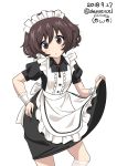  :o absurdres akiyama_yukari alternate_costume apron bangs black_dress bolo_tie collared_dress commentary dated dress enmaided excel_(shena) eyebrows_visible_through_hair girls_und_panzer hand_on_hip head_tilt highres kneehighs lips long_hair looking_at_viewer maid maid_apron maid_headdress medium_dress parted_lips simple_background skirt_hold solo standing sweatdrop twitter_username watermark white_apron white_background white_legwear wristband 