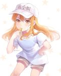  blonde_hair brown_eyes brown_shorts character_name floating_hair hair_between_eyes hand_on_hip hat hataraku_saibou highres leaning_forward long_hair platelet_(hataraku_saibou) shirt short_shorts short_sleeves shorts simple_background solo soyubee standing star whistle white_background white_hat white_shirt 