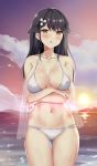  artist_name azur_lane bangs bare_shoulders bikini black_hair blush breast_hold breasts brown_hair chestnut_mouth choukai_(azur_lane) cleavage cloud collarbone commentary_request crossed_arms flower hair_flower hair_ornament highres hips horizon kaetzchen large_breasts long_hair looking_at_viewer mole_on_thigh multi-strapped_bikini navel ocean open_mouth parted_lips signature solo sunset swept_bangs swimsuit thighs wet white_bikini 