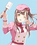  ;d apron blue_background brown_hair eyebrows_visible_through_hair floating_hair hat holding idolmaster idolmaster_cinderella_girls long_hair long_sleeves looking_at_viewer mizumoto_yukari one_eye_closed open_mouth pink_hat pink_shirt red_neckwear shirt simple_background smile solo toufuu upper_body white_apron wrist_cuffs yellow_eyes 