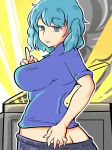  ass blue_eyes blue_hair blue_shirt breasts butt_crack closed_mouth commentary_request cookie_(touhou) expressionless eyebrows_visible_through_hair hekiga_(freelot) highres jitome kawashiro_nitori kofji_(cookie) large_breasts looking_at_viewer looking_back middle_finger printer shirt short_hair short_sleeves smoke solo twisted_torso two_side_up 