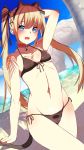  absurdres animal_ears arm_behind_head arm_up bangs bare_arms bare_shoulders beach bell bikini black_bikini blonde_hair blue_eyes blue_sky blush breasts cat_ears cat_tail choker cloud commentary_request day dead_or_alive dead_or_alive_5 dead_or_alive_xtreme eyebrows_visible_through_hair fake_animal_ears fake_tail front-tie_bikini front-tie_top hair_ornament hairclip highres long_hair looking_at_viewer marie_rose navel nishisan_(mikurosu) open_mouth outdoors sand shore side-tie_bikini sky small_breasts solo standing stomach swimsuit tail twintails 