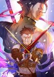  armor back-to-back black_hair blue_cape cape closed_mouth diarmuid_ua_duibhne_(fate/grand_order) dual_wielding fate/grand_order fate/zero fate_(series) fingerless_gloves gae_dearg gloves hair_strand holding holding_spear holding_sword holding_weapon lancer_(fate/zero) looking_at_viewer male_focus mole mole_under_eye multiple_boys navel polearm snakeping spear sword weapon yellow_eyes 