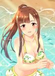  :d beach bikini blush breasts brown_hair cleavage collarbone day eyebrows_visible_through_hair floating_hair from_above hair_ornament high_ponytail idolmaster idolmaster_cinderella_girls long_hair looking_at_viewer medium_breasts mizumoto_yukari navel open_mouth outdoors print_bikini sideboob smile solo sparkle sunlight swimsuit toufuu upper_body very_long_hair water yellow_bikini yellow_eyes 