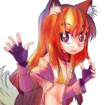  :o animal_ear_fluff animal_ears arms_up bangs bikini_top blazer blush collar commentary_request dog_collar eyebrows_visible_through_hair fingerless_gloves fox_ears fox_tail gloves highres jacket long_sleeves looking_at_viewer navel open_blazer open_clothes open_jacket open_mouth original purple_eyes red_hair solo tail tsukiyono_aroe 