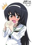  1girl absurdres bangs baozi black_hair black_neckwear blouse blush brown_eyes commentary dated eating embarrassed excel_(shena) eyebrows_visible_through_hair food frown girls_und_panzer hairband highres holding holding_food long_hair long_sleeves looking_at_viewer neckerchief ooarai_school_uniform open_mouth reizei_mako school_uniform serafuku simple_background solo standing surprised twitter_username upper_body watermark white_background white_blouse white_hairband 