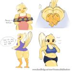  2018 anthro avian beak bird breasts canary claws feathers female food legs_together midriff multicolored_feathers navel non-mammal_breasts nude paws red_eyes slightly_chubby smile solo tail_feathers talons thick_thighs thousandfoldfeathers vanilla_(canary) 