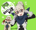  1other armor bespectacled commentary_request fire_emblem fire_emblem_heroes fire_emblem_if glasses gloves green_background hair_bun hood hood_up juria0801 kanna_(female)_(fire_emblem_if) kanna_(fire_emblem_if) long_sleeves open_mouth pointy_ears red-framed_eyewear robe scarf simple_background summoner_(fire_emblem_heroes) twitter_username white_hair 