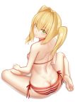  :&lt; back bangs bare_arms bare_back bare_legs bare_shoulders barefoot bikini blonde_hair blush breasts butt_crack closed_mouth commentary_request eyebrows_visible_through_hair fate/grand_order fate_(series) feet from_behind full_body green_eyes hair_between_eyes hair_intakes halter_top halterneck highres long_hair looking_at_viewer looking_back medium_breasts nero_claudius_(fate)_(all) nero_claudius_(swimsuit_caster)_(fate) red_bikini red_ribbon ribbon shoulder_blades shoutai_(7490773) side-tie_bikini sideboob simple_background sitting soles solo striped striped_bikini swimsuit twintails white_background 