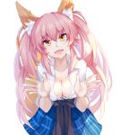  alternate_costume animal_ears blush breasts cleavage clothes_around_waist collarbone fate/extella fate/extra fate_(series) fox_ears fox_tail highres jacket_around_waist large_breasts long_hair looking_at_viewer open_mouth pink_hair saubupo school_uniform shirt simple_background skirt smile solo tail tamamo_(fate)_(all) tamamo_jk_(fate) twintails unbuttoned uniform white_background yellow_eyes 
