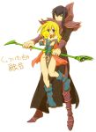  1girl bare_shoulders blonde_hair blue_footwear blush_stickers boots breasts choker cleavage commentary_request dark_magician dark_magician_girl duel_monster green_eyes long_hair staff wand yuu-gi-ou yuu-gi-ou_duel_monsters yuza 