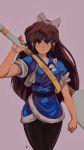  bangs bow breasts brown_hair clenched_hand commentary david_liu english_commentary hair_bow highres huge_weapon japanese_clothes kuonji_ukyou long_hair medium_breasts over_shoulder pants pantyhose ranma_1/2 sleeves_rolled_up solo spatula standing strap thigh_gap weapon weapon_over_shoulder 