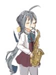  ahoge bow bowtie ceroliz closed_eyes cowboy_shot grey_hair grey_legwear hair_between_eyes hair_bun halterneck highres instrument kantai_collection kiyoshimo_(kantai_collection) long_hair low_twintails pantyhose saxophone shirt simple_background solo twintails very_long_hair white_background white_shirt 