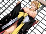  1girl areolae bare_shoulders black-framed_eyewear blush breasts breasts_apart breasts_outside cleavage clownculture cosplay glasses happy highres indoors japanese_clothes kimono large_breasts legs nami_(one_piece) nipples obi off_shoulder one_piece one_piece:_pirate_warriors open_clothes open_mouth orange_hair original sash short_hair side_ponytail smile solo standing thighs wide_sleeves 