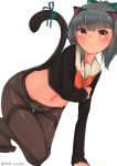  1girl absurdres adapted_costume alternate_costume alternate_hairstyle animal_ears arm_across_chest bangs blunt_bangs blush bow brown_eyes cat_ears cat_tail commentary_request green_ribbon grey_hair hair_bow highres kantai_collection legs looking_to_the_side medium_hair no_pants orange_bow panties panties_under_pantyhose pantyhose ribbon school_uniform simple_background solo tail tail_ribbon thigh_gap thighs tsurime twitter_username underwear uut white_background yuubari_(kantai_collection) 