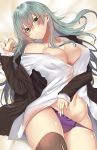  aqua_eyes aqua_hair ascot blanket breasts brown_legwear commentary_request eyebrows_visible_through_hair hair_between_eyes hair_ornament hairclip highres jacket kantai_collection long_hair long_sleeves looking_at_viewer lying no_bra on_bed onineko-chan open_clothes open_jacket open_shirt panties purple_panties remodel_(kantai_collection) school_uniform shirt smile stomach suzuya_(kantai_collection) thighhighs underwear white_shirt 