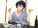  1girl :p alcohol beer black-framed_eyewear black_hair blue_eyes blush bottle bowl breasts chopsticks cleavage clownculture cup drinking_glass drunk food glasses hair_between_eyes highres holding indoors japanese_clothes kimono large_breasts looking_at_viewer off_shoulder original short_hair sitting smile solo spoon striped table tongue tongue_out 