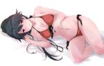  alternate_costume bangs bikini black_hair blush breasts brown_hair collarbone commentary_request eyebrows_visible_through_hair feet_out_of_frame front-tie_top hair_between_eyes high_ponytail houshou_(kantai_collection) kantai_collection long_hair looking_at_viewer lying medium_breasts on_side open_mouth ponytail red_bikini side-tie_bikini simple_background solo swimsuit white_background yumesato_makura 