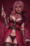  2018 belt blood chloe_(sciamano240) choker commentary_request earrings fangs fingernails highres jewelry knife looking_at_viewer open_mouth original panties pink_eyes pink_hair red_background sciamano240 signature underwear vampire 