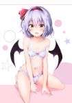  absurdres bangs bare_arms bare_legs bare_shoulders barefoot bat_wings black_wings blue_bra blue_panties blush bow bow_bra bow_panties bra breasts collarbone eyebrows_visible_through_hair hair_between_eyes hair_ribbon hairband highres hyurasan kneeling lace lace-trimmed_bra lavender_hair looking_at_viewer navel open_mouth panties pink_background red_bow red_eyes red_hairband red_ribbon remilia_scarlet ribbon signature small_breasts solo star stomach strap_slip touhou two-tone_background underwear underwear_only white_background wings 