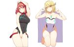  absurdres bangs bare_shoulders black_swimsuit blonde_hair blush breasts covered_navel earrings highres hikari_(xenoblade_2) homura_(xenoblade_2) icarus_(632247131) jewelry large_breasts long_hair looking_at_viewer multiple_girls one-piece_swimsuit red_eyes red_hair short_hair sidelocks simple_background swept_bangs swimsuit tiara white_background xenoblade_(series) xenoblade_2 yellow_eyes 