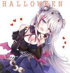  :d bangs bare_shoulders black_gloves blue_dress blue_eyes blush breasts chain cleavage commentary criss-cross_halter double_bun dress earrings elbow_gloves eyeball eyebrows_visible_through_hair fang fishnets girls_frontline gloves hair_between_eyes halloween halterneck hands_up heart heterochromia horns jewelry long_hair looking_at_viewer low_wings mdr_(girls_frontline) medium_breasts melings_(aot2846) mini_wings multicolored_hair open_mouth pink_wings pleated_dress pointy_ears purple_eyes purple_hair side_bun silver_hair simple_background single_glove smile solo streaked_hair very_long_hair white_background wings 