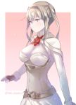  ark_royal_(kantai_collection) ark_royal_(kantai_collection)_(cosplay) bangs blonde_hair blush border breasts cleavage closed_mouth commentary_request corset cosplay fingerless_gloves framed_breasts gloves graf_zeppelin_(kantai_collection) grey_eyes hair_between_eyes juurouta kantai_collection large_breasts light_frown long_hair long_sleeves looking_at_viewer outside_border sidelocks solo tiara twintails twitter_username white_border white_corset 