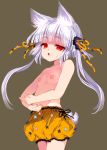  :&lt; animal_ear_fluff animal_ears bangs bloomers breasts brown_background cola commentary_request eyebrows_visible_through_hair fingernails fox_ears fox_girl fox_tail hair_ribbon halloween head_tilt highres long_hair looking_at_viewer multiple_tails nipples orange_bloomers orange_ribbon original parted_lips red_eyes ribbon silver_hair small_breasts solo star suzune_rai tail tail_raised topless triangle_mouth twintails underwear v-shaped_eyebrows very_long_hair 