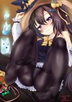  absurdres azur_lane black_hair black_legwear commentary_request dated feet ghost hat highres isuzu_(azur_lane) legs long_hair looking_at_viewer mr_lobster no_shoes panties panties_under_pantyhose pantyhose purple_eyes ribbon side_ponytail signature soles tears twitter_username underwear wavy_mouth witch_hat 